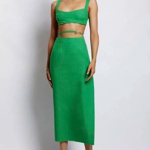 Meshki Green Yalda Linen Bustier Crop Top & Elouise Midi Skirt Set XXS XS